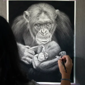 Exemple d'un portrait animalier sur mesure hyperréaliste d'un chimpanzé et de son bébé réalisé dans le cadre d'une commande personnalisée par l'artiste Magali Lapeyre-Mirande